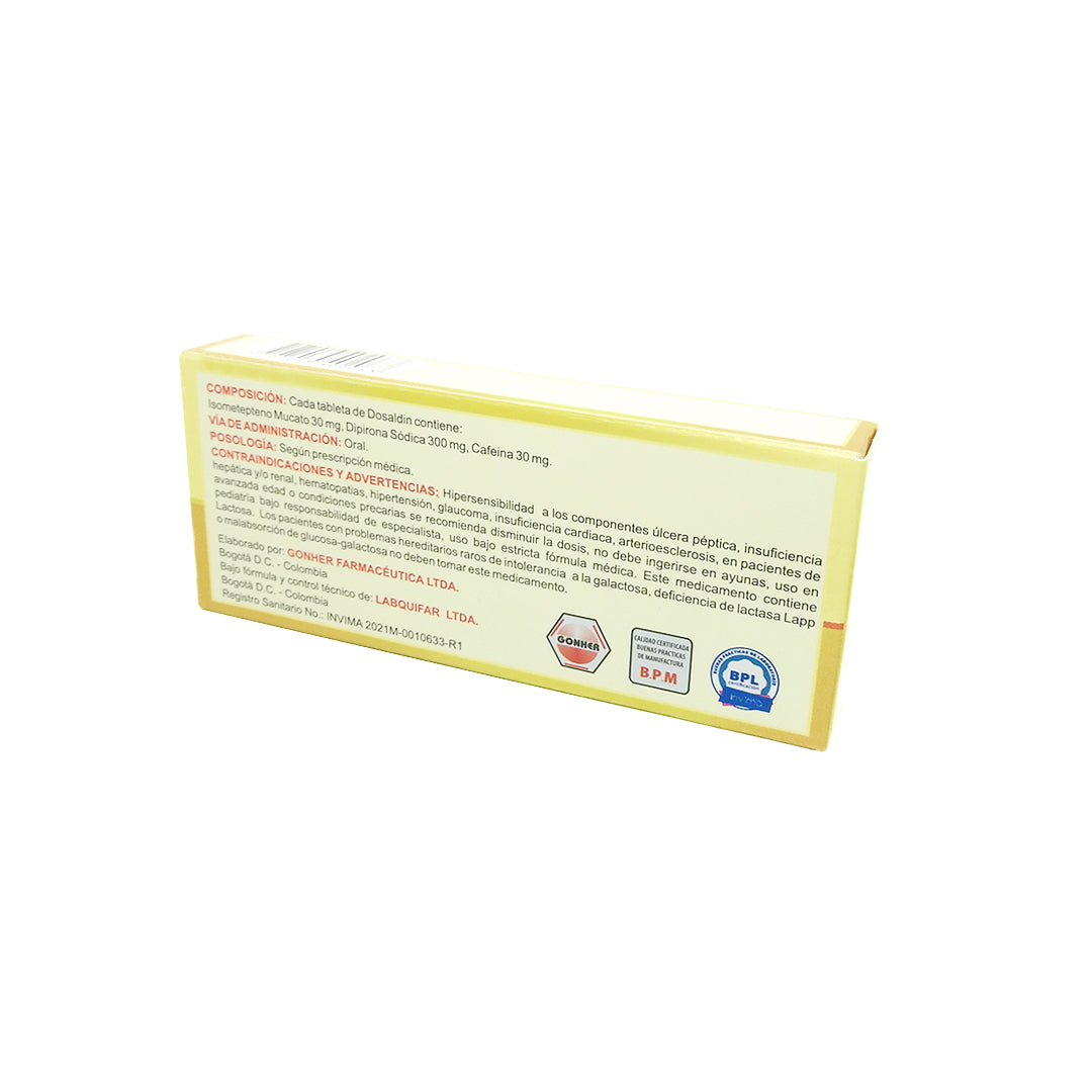 DOSALDIN ISOMETEPTENO MUCSTO 30MG DIPIRONA SODICA 300MG CAFEINA 30MG.