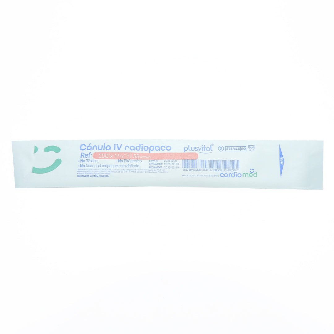 CANULA IV RADIOPACO 20G x 1 1/4" fl 55ML/MIN NO TOXICO NO PIROGENONO