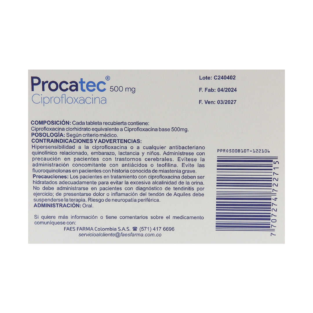 PROCATEC CAJA X10 CIPROFLOXACINA 500MG TAB REC