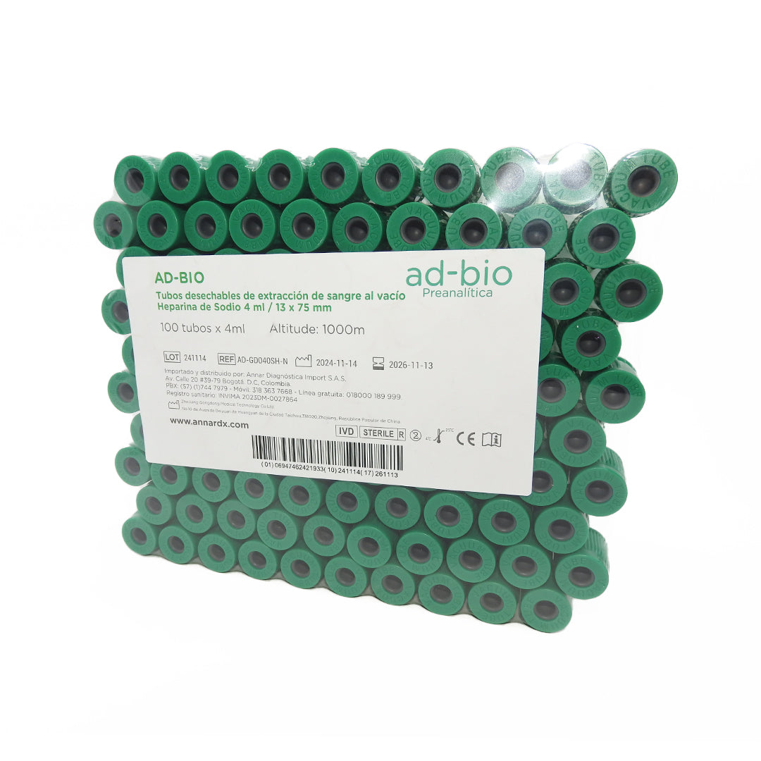 TUBO TAPA VERDE DE 4ML (HEPARINA DE SODIO) BANDEJAX100