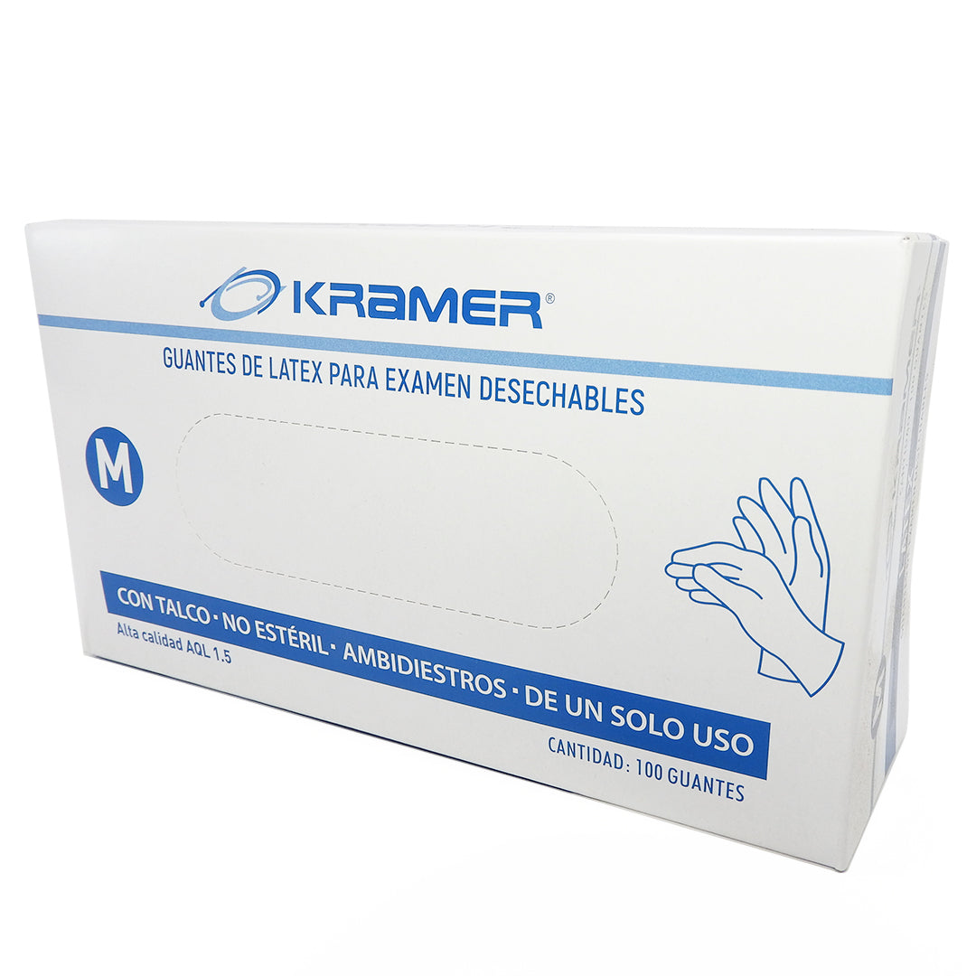 GUANTES DE LATEX PARA EXAMEN TALLA M SIN TALCO, NO ESTERILES, AMBIDIESTROS Y DE UN SOLO USO.