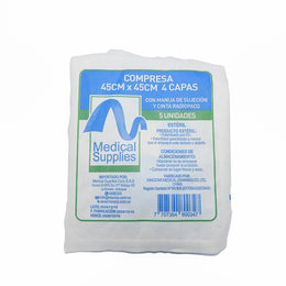 COMPRESA 45CMX45CM 4 CAPAS CON MANILLA DE SUJECION Y CINTA RADIOPACO.