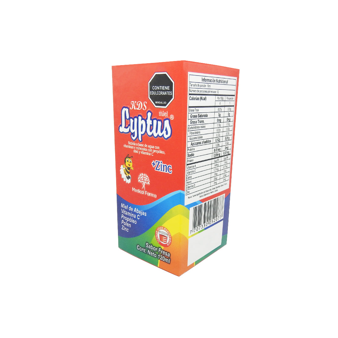 KIDS LYPTUS MIEL BEBIDA A BASE DE AGUA CON VITAMINAS Y MINERALES ON PROPOLEO, MIEL Y VITAMINA C + ZINC SABOR A FRESA.