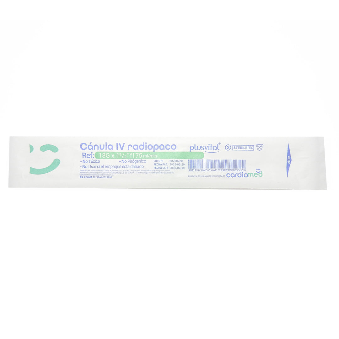 CANULA IV RADIOPACO 18G x 1 1/4" fl 75ML/MIN NO TOXICO NO PIROGENO