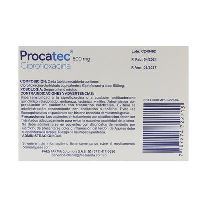 PROCATEC CAJA X10 CIPROFLOXACINA 500MG TAB REC